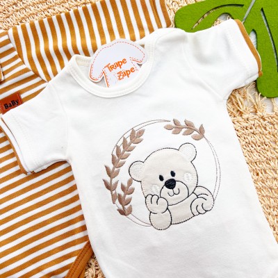  CONJ. DE MALHA 3 PEÇAS - Ursinho com Raminhos - Areia e Off White